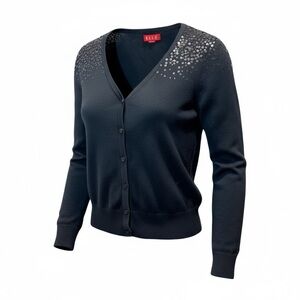 Elle Black Sequin Embellished Women's V Neck Stretchy Knitted Cardigan - Size XS